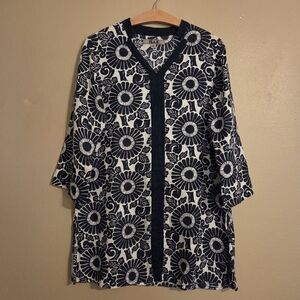 FLAX‎ Navy Blue White Floral Medallion Printed Linen ¾ Sleeve  Lagenlook Tunic S
